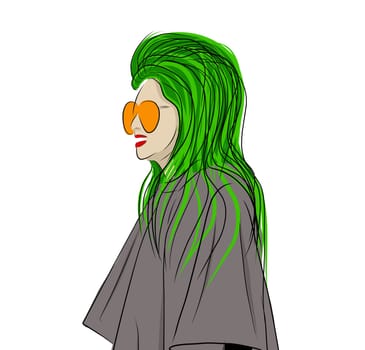 Creative illustration of a young woman. Young girl with green hair. Lady in a coat. Nice girl in a fashionable jacket. Fashionable hand-drawn illustration.