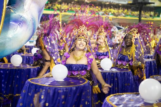 Rio de Janeiro, Brasil-  February 29, 2020: Samba Parade at the 2020 Carnival Champions Parade, Sambodromo. It's raining