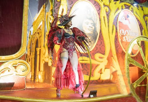 Rio de Janeiro, Brasil-  February 29, 2020: Samba Parade at the 2020 Carnival Champions Parade, Sambodromo. It's raining