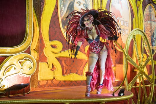 Rio de Janeiro, Brasil-  February 29, 2020: Samba Parade at the 2020 Carnival Champions Parade, Sambodromo. It's raining