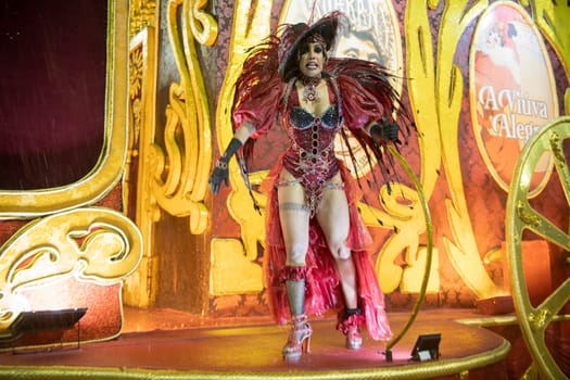 Rio de Janeiro, Brasil-  February 29, 2020: Samba Parade at the 2020 Carnival Champions Parade, Sambodromo. It's raining