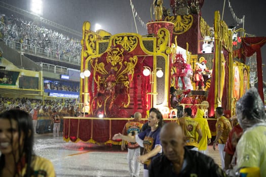 Rio de Janeiro, Brasil-  February 29, 2020: Samba Parade at the 2020 Carnival Champions Parade, Sambodromo. It's raining