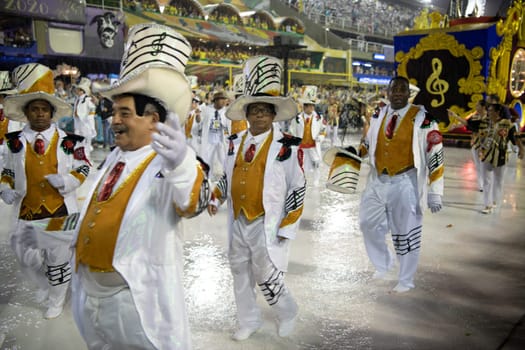 Rio de Janeiro, Brasil-  February 29, 2020: Samba Parade at the 2020 Carnival Champions Parade, Sambodromo. It's raining