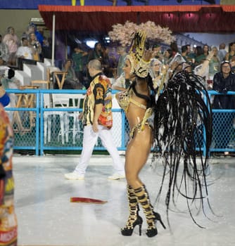 Rio de Janeiro, Brasil-  February 29, 2020: Samba Parade at the 2020 Carnival Champions Parade, Sambodromo. It's raining