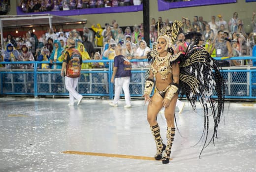 Rio de Janeiro, Brasil-  February 29, 2020: Samba Parade at the 2020 Carnival Champions Parade, Sambodromo. It's raining