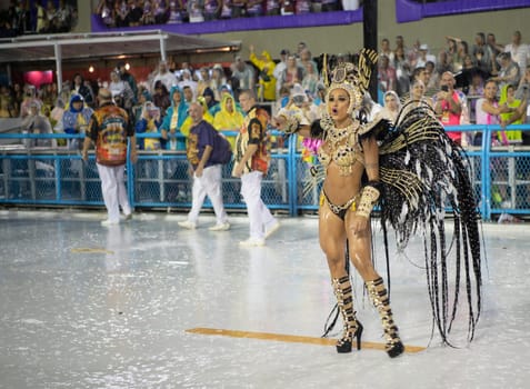 Rio de Janeiro, Brasil-  February 29, 2020: Samba Parade at the 2020 Carnival Champions Parade, Sambodromo. It's raining