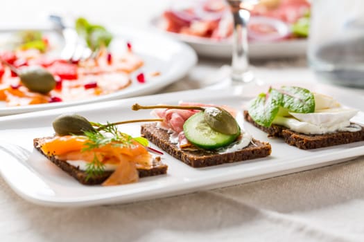 Variation of healthy open sandwiches on Pumpernickel bread with vegetables, salmon, ham and appetizers with red wine