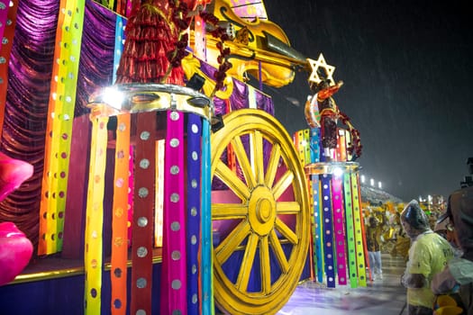 Rio de Janeiro, Brasil-  February 29, 2020: Samba Parade at the 2020 Carnival Champions Parade, Sambodromo. It's raining