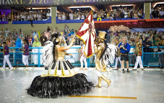Rio de Janeiro, Brasil-  February 29, 2020: Samba Parade at the 2020 Carnival Champions Parade, Sambodromo. It's raining