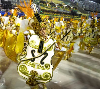 Rio de Janeiro, Brasil-  February 29, 2020: Samba Parade at the 2020 Carnival Champions Parade, Sambodromo. It's raining