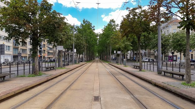 Antwerp, Belgium, July 2020: view on the tram tracks on De Leien