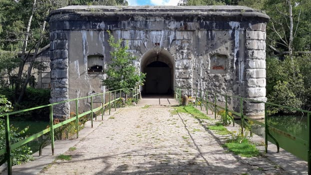 Kapellen, Belgium, July 2020: Entrance of Fort Ertbrand, part of fortengorden and antitank gracht around Antwerp