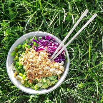 Vegan poke bowl, Hawaiian dish, with chopsticks in the grass. Cashew nuts, avocado, Red cabbage, Onion and Edamame