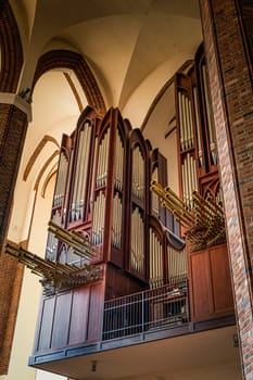 Tall pipe organs in The Cathedral Basilica of St James the Apostle in Szczecin, Poland. Church was established in 1187 and completed in XIV century