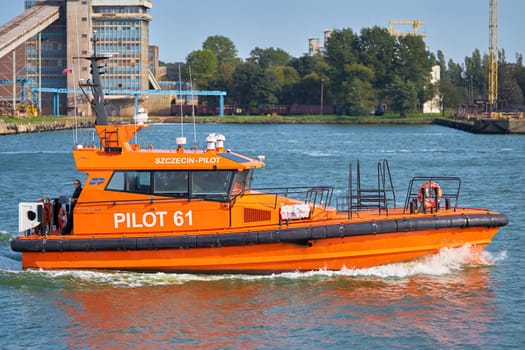 Pilot boat entering the port of Swinoujscie on the Polish Baltic coast