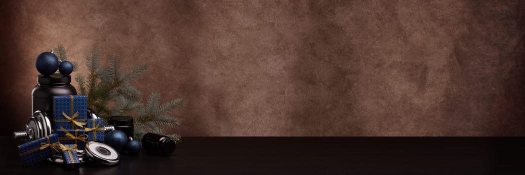 Sports nutrition (supplements), sports equipment, fir branch,  gift boxes, Christmas ornaments on dark brown background with copy space. Fitness, sport, healthy lifestyle concept. New Year. Christmas.