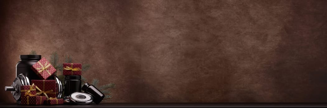 Sports nutrition (supplements), sports equipment, fir branch and  gift boxes on dark brown background with copy space. Fitness, sport, healthy lifestyle concept. New Year. Christmas.