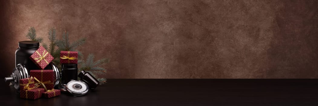 Sports nutrition (supplements), sports equipment, fir branch and  gift boxes on dark brown background with copy space. Fitness, sport, healthy lifestyle concept. New Year. Christmas.