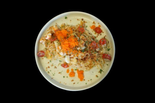 Spaghetti Ebiko, Topping with ebiko on white plate. Seafood