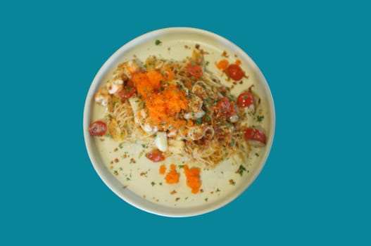Spaghetti Ebiko, Topping with ebiko on blue background . Seafood