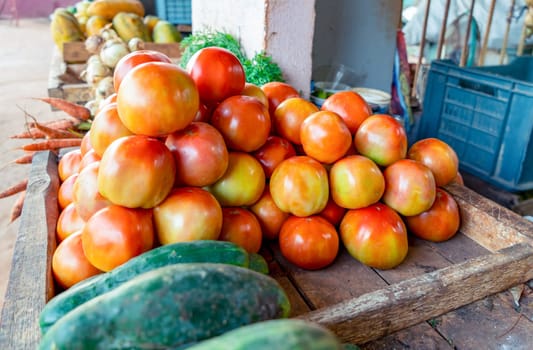 Neat group of red tomatoes and cucumbers at a stall