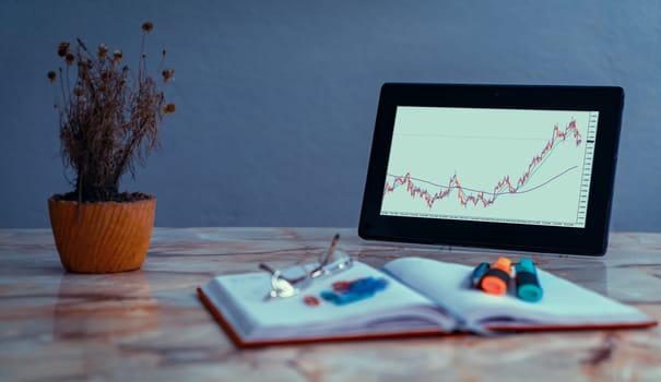 Screen of a tablet on a desk with a chart of currency pairs. On the desk there is an out of focus notebook
