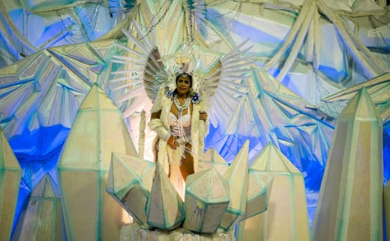 Rio de Janeiro, Brasil-  February 29, 2020: Samba Parade at the 2020 Carnival, Champions Parade, Sambodromo. It's raining