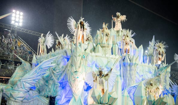 Rio de Janeiro, Brasil-  February 29, 2020: Samba Parade at the 2020 Carnival, Champions Parade, Sambodromo. It's raining