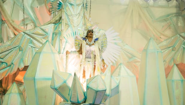 Rio de Janeiro, Brasil-  February 29, 2020: Samba Parade at the 2020 Carnival, Champions Parade, Sambodromo. It's raining
