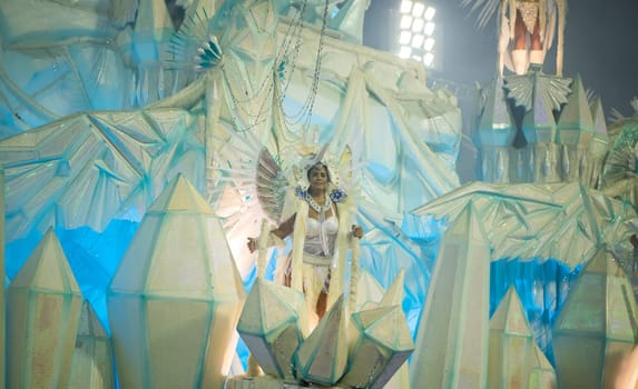 Rio de Janeiro, Brasil-  February 29, 2020: Samba Parade at the 2020 Carnival, Champions Parade, Sambodromo. It's raining
