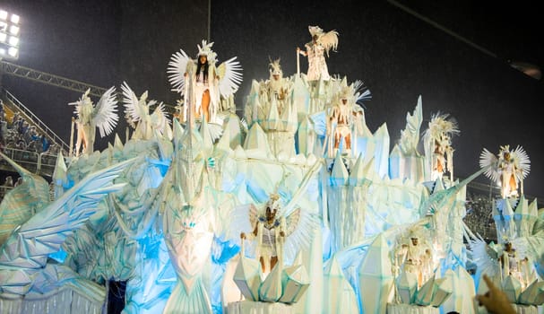Rio de Janeiro, Brasil-  February 29, 2020: Samba Parade at the 2020 Carnival, Champions Parade, Sambodromo. It's raining