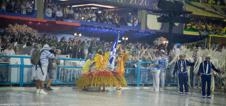 Rio de Janeiro, Brasil-  February 29, 2020: Samba Parade at the 2020 Carnival, Champions Parade, Sambodromo. It's raining
