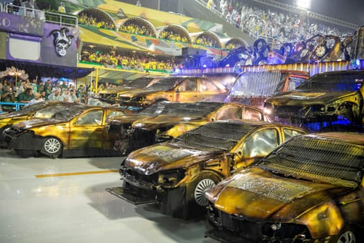 Rio de Janeiro, Brasil-  February 29, 2020: Samba Parade at the 2020 Carnival, Champions Parade, Sambodromo. It's raining