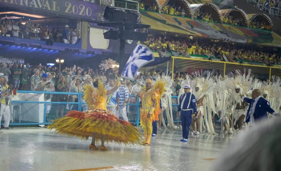 Rio de Janeiro, Brasil-  February 29, 2020: Samba Parade at the 2020 Carnival, Champions Parade, Sambodromo. It's raining