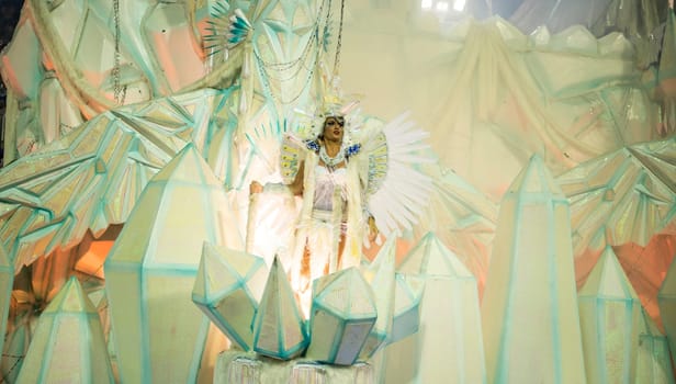 Rio de Janeiro, Brasil-  February 29, 2020: Samba Parade at the 2020 Carnival, Champions Parade, Sambodromo. It's raining