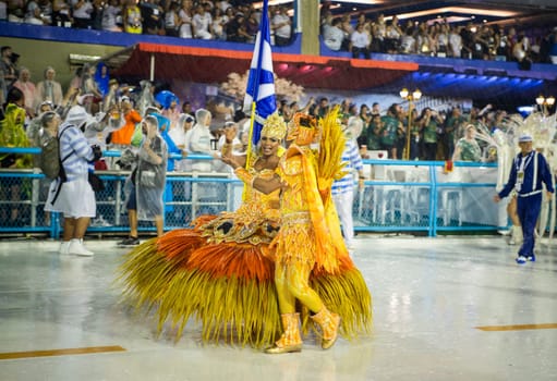Rio de Janeiro, Brasil-  February 29, 2020: Samba Parade at the 2020 Carnival, Champions Parade, Sambodromo. It's raining