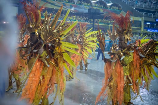 Rio de Janeiro, Brasil-  February 29, 2020: Samba Parade at the 2020 Carnival, Champions Parade, Sambodromo. It's raining