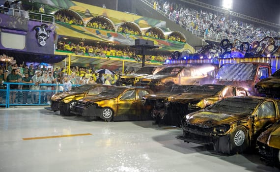 Rio de Janeiro, Brasil-  February 29, 2020: Samba Parade at the 2020 Carnival, Champions Parade, Sambodromo. It's raining