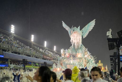 Rio de Janeiro, Brasil-  February 29, 2020: Samba Parade at the 2020 Carnival, Champions Parade, Sambodromo. It's raining