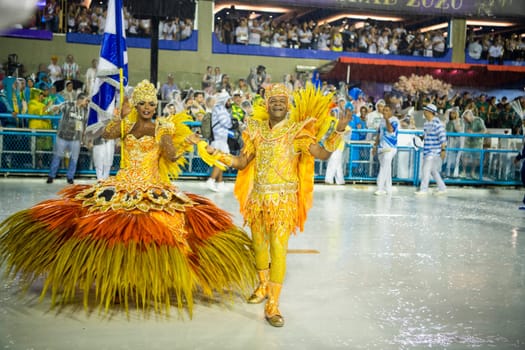 Rio de Janeiro, Brasil-  February 29, 2020: Samba Parade at the 2020 Carnival, Champions Parade, Sambodromo. It's raining