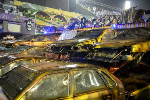 Rio de Janeiro, Brasil-  February 29, 2020: Samba Parade at the 2020 Carnival, Champions Parade, Sambodromo. It's raining