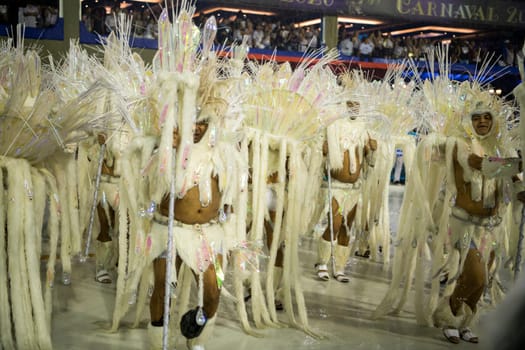 Rio de Janeiro, Brasil-  February 29, 2020: Samba Parade at the 2020 Carnival, Champions Parade, Sambodromo. It's raining