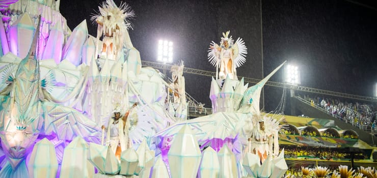 Rio de Janeiro, Brasil-  February 29, 2020: Samba Parade at the 2020 Carnival, Champions Parade, Sambodromo. It's raining