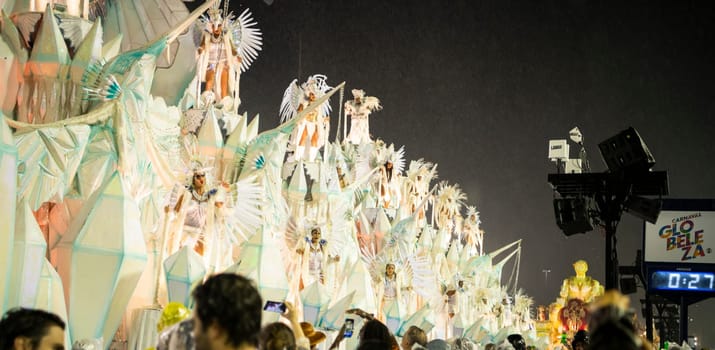 Rio de Janeiro, Brasil-  February 29, 2020: Samba Parade at the 2020 Carnival, Champions Parade, Sambodromo. It's raining