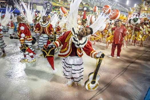 Rio de Janeiro, Brasil-  February 29, 2020: Samba Parade at the 2020 Carnival,Champions Parade, Sambodromo. It's raining