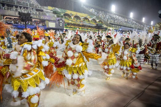 Rio de Janeiro, Brasil-  February 29, 2020: Samba Parade at the 2020 Carnival, Champions Parade, Sambodromo. It's raining