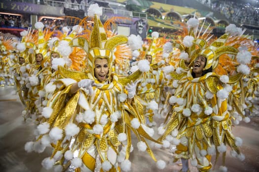 Rio de Janeiro, Brasil-  February 29, 2020: Samba Parade at the 2020 Carnival,Champions Parade, Sambodromo. It's raining
