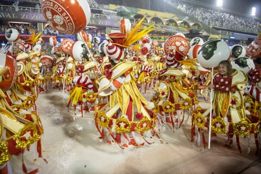 Rio de Janeiro, Brasil-  February 29, 2020: Samba Parade at the 2020 Carnival,Champions Parade, Sambodromo. It's raining