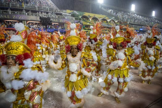 Rio de Janeiro, Brasil-  February 29, 2020: Samba Parade at the 2020 Carnival,Champions Parade, Sambodromo. It's raining
