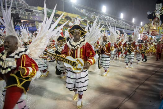 Rio de Janeiro, Brasil-  February 29, 2020: Samba Parade at the 2020 Carnival,Champions Parade, Sambodromo. It's raining